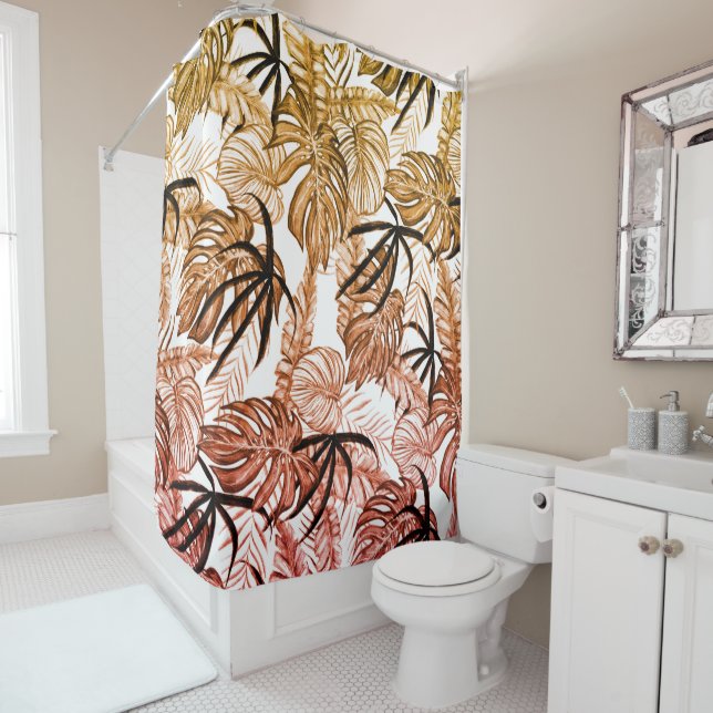 Sepia, red, white palm leafs, tropical jungle shower curtain (In Situ)