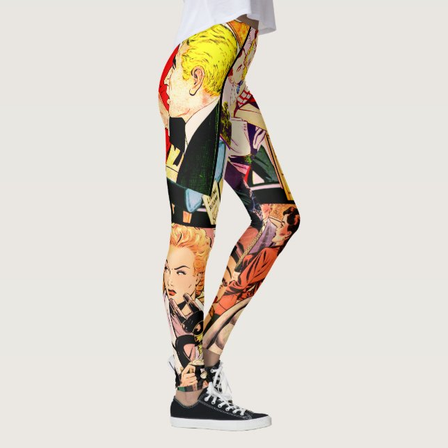 Sepia Romance Comic Book Cover Jumble Collage Leggings (Right)