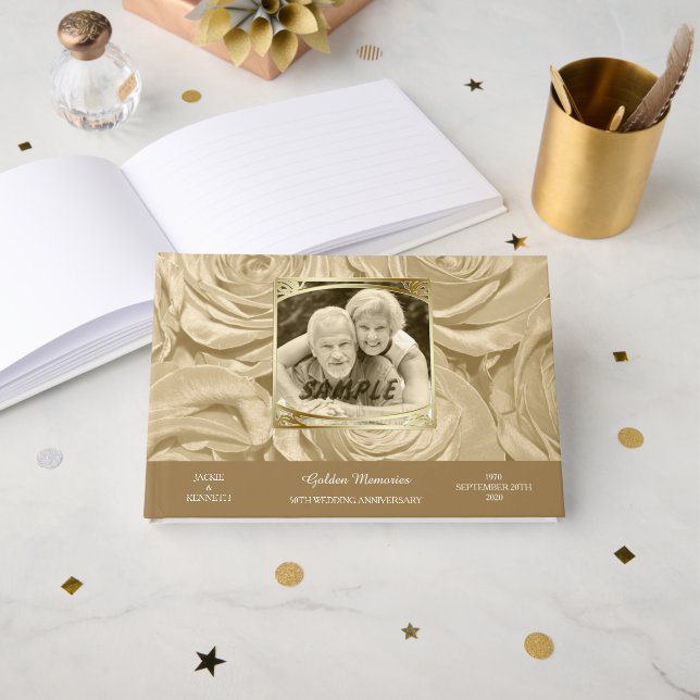 Sepia Roses Photo Template Golden Anniversary Guest Book (Front Open)