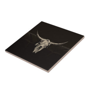 Sepia rustic buffalo skull with horns tile