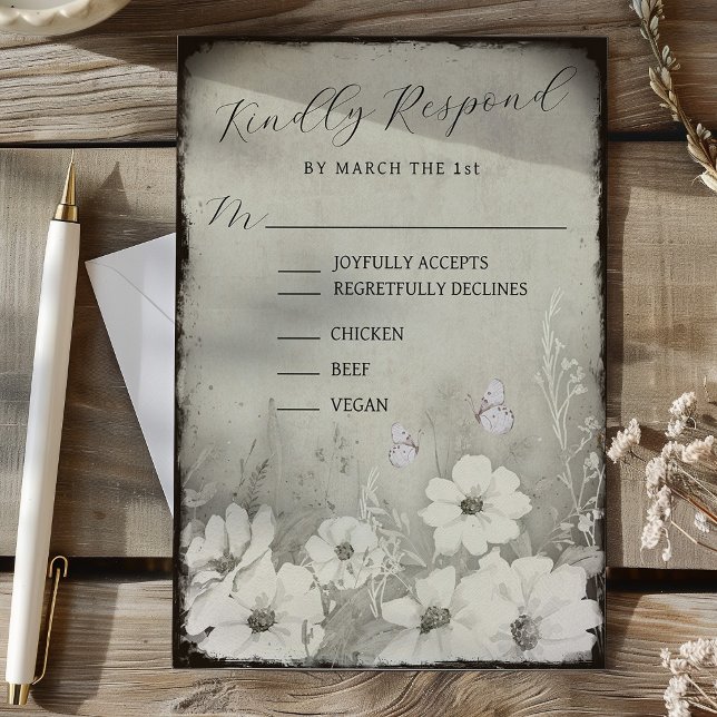 Sepia Rustic Butterfly Wildflower Wedding RSVP Card (Sepia Rustic Butterfly Wildflower Wedding RSVP)