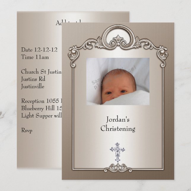 Sepia Silver Photo Frame Jewel Cross Christening Invitation (Front/Back)
