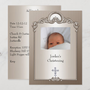 Sepia Silver Photo Frame Jewel Cross Christening Invitation