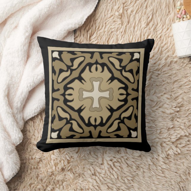Sepia Spanish Tile on Black Background Cushion (Blanket)