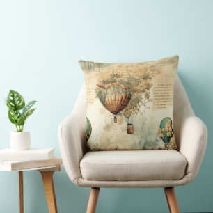 Sepia Steampunk Hot Air Balloon Globe Map Cushion