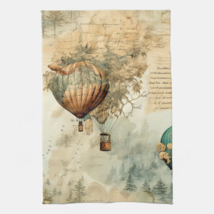 Sepia Steampunk Hot Air Balloon Globe Map Tea Towel