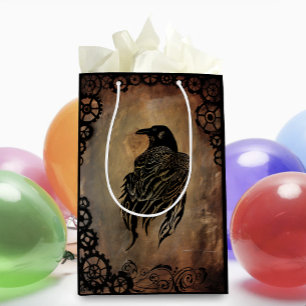 Sepia Stone Tribal Clockwork Gears Black Raven Medium Gift Bag