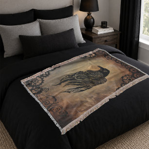 Sepia Stone Tribal Clockwork Gears Black Raven Throw Blanket