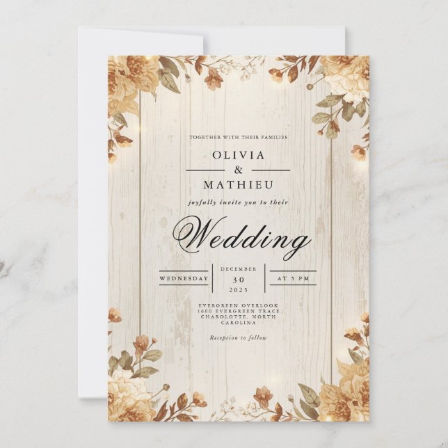 Sepia Timber Autumn Bloom Wedding Invitation (Front)