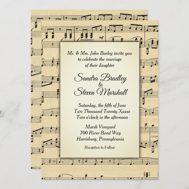Sepia Tone Antique Sheet Music Theme Wedding Invitation (Front/Back)