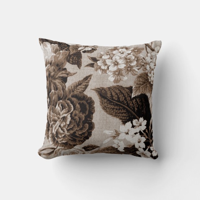 Sepia Tone Brown Botanical Floral Toile No.1 Cushion (Front)