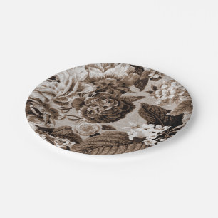 Sepia Tone Brown Floral Toile No.1 Paper Plate