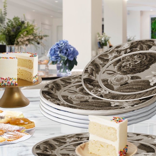 Sepia Tone Brown Floral Toile No.1 Paper Plate (Creator Uploaded)