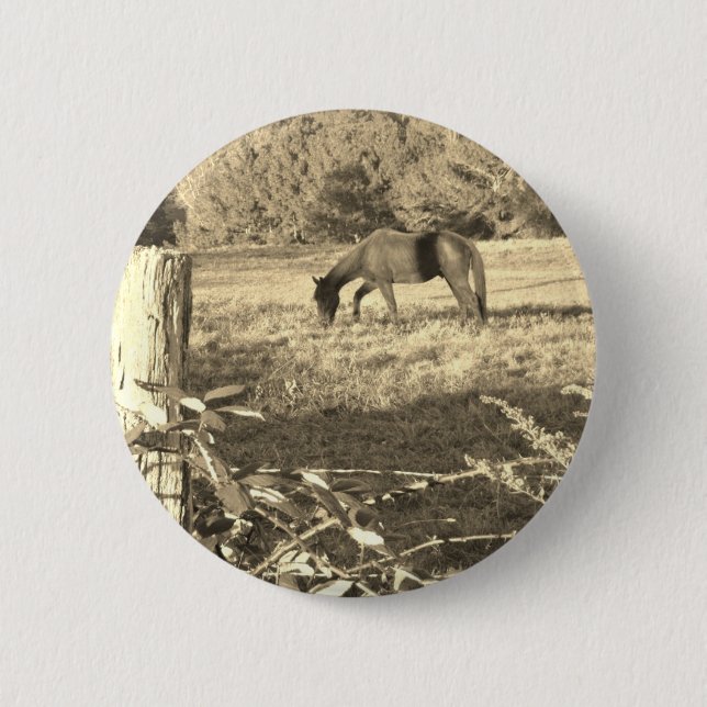 Sepia tone Brown horse and fence 6 Cm Round Badge (Front)