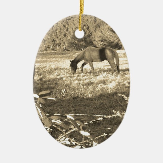 Sepia tone Brown horse and fence Ceramic Tree Decoration (Front)