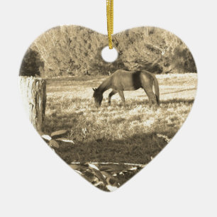 Sepia tone Brown horse and fence Ceramic Tree Decoration