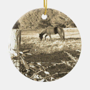 Sepia tone Brown horse and fence Ceramic Tree Decoration