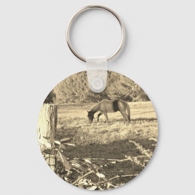 Sepia tone Brown horse and fence Key Ring (Front)
