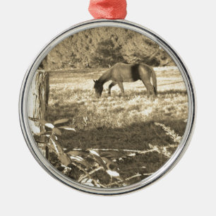 Sepia tone Brown horse and fence Metal Tree Decoration