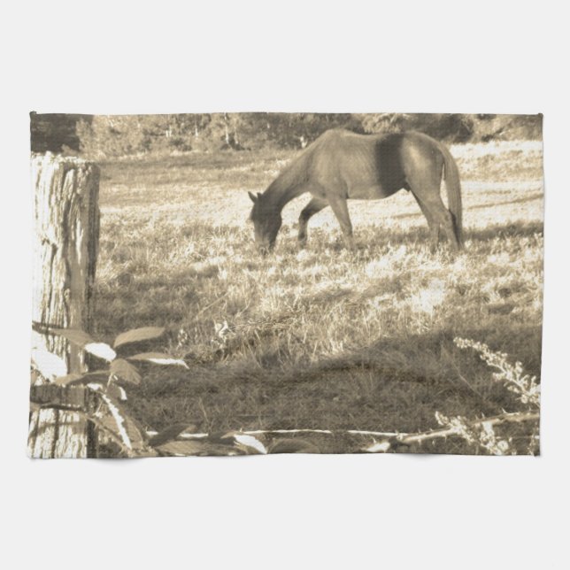 Sepia tone Brown horse and fence Tea Towel (Horizontal)
