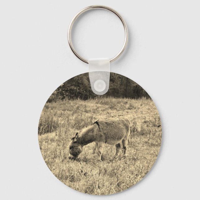 Sepia Tone Donkey  in a Field. Key Ring (Front)