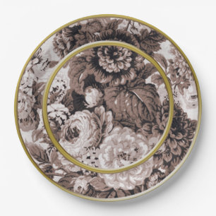 Sepia Tone Gold Ring Brown Floral Toile Paper Plate