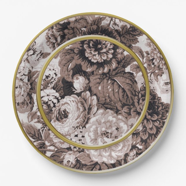 Sepia Tone Gold Ring Brown Floral Toile Paper Plate (Front)