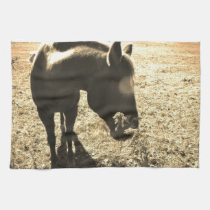 Sepia Tone Photo of brown Horse with flowers Tea Towel