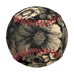 Sepia Tone Vintage Floral Print Baseball