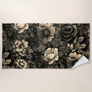 Sepia Tone Vintage Floral Print Beach Towel