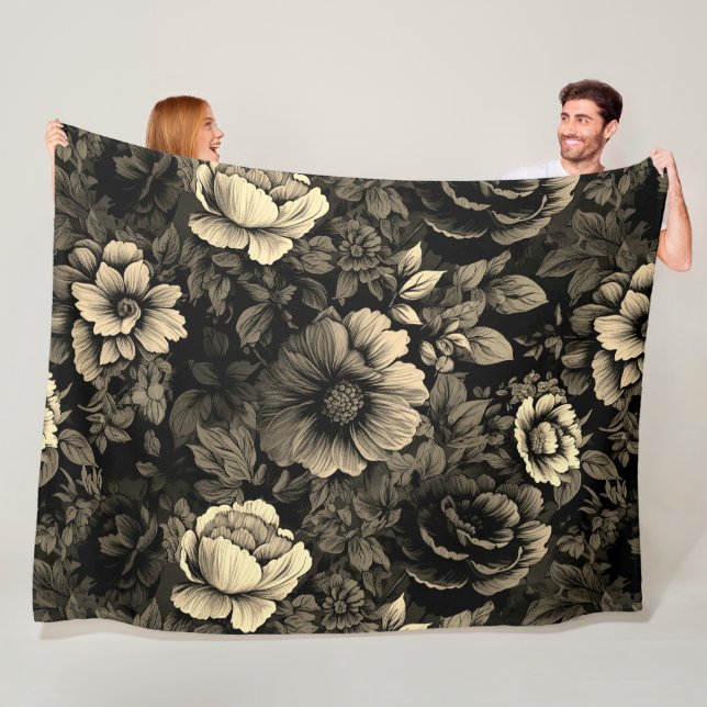 Sepia Tone Vintage Floral Print Fleece Blanket (In Situ)