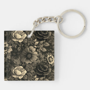 Sepia Tone Vintage Floral Print Keychain