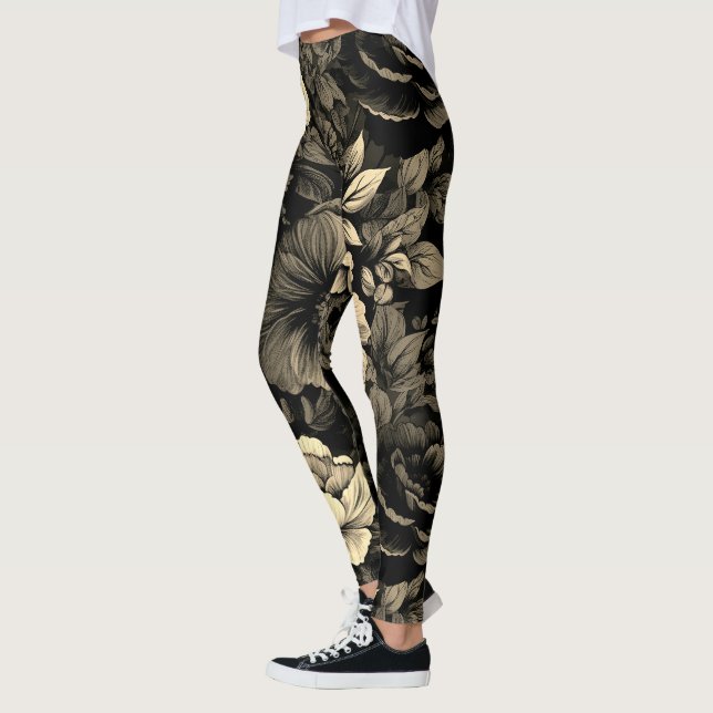 Sepia Tone Vintage Floral Print Leggings (Left)