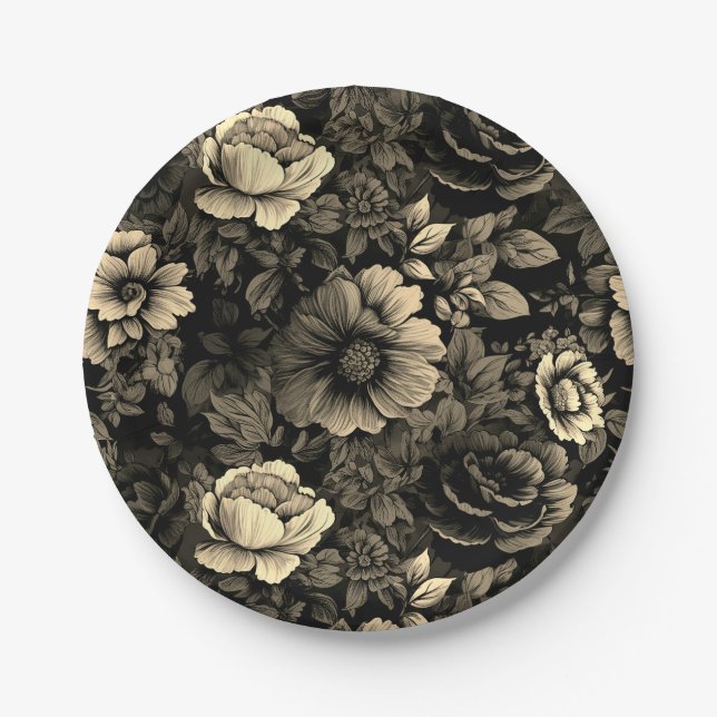 Sepia Tone Vintage Floral Print Paper Plate (Front)