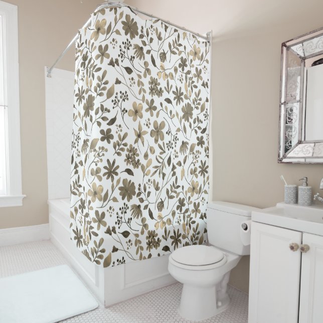 Sepia Tone Vintage Floral Print Shower Curtain (In Situ)