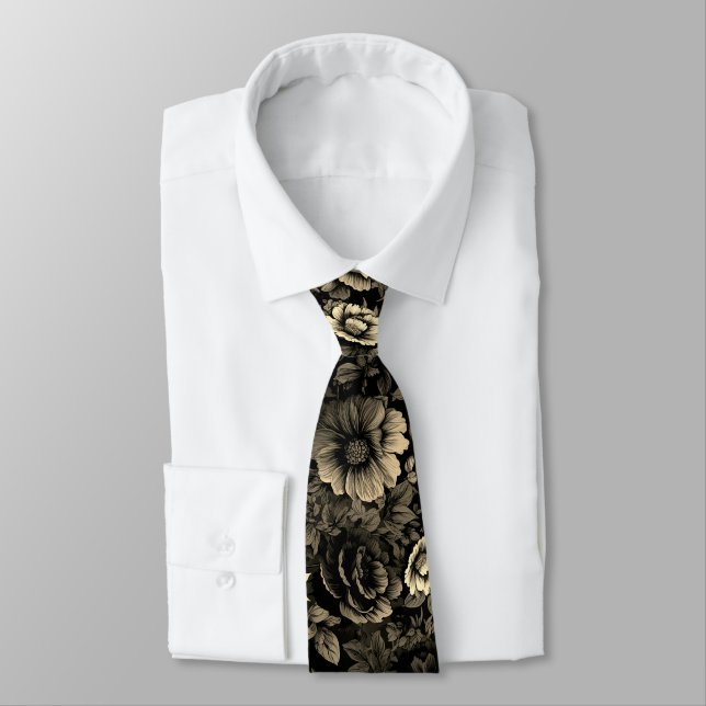 Sepia Tone Vintage Floral Print Tie (Tied)