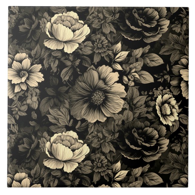 Sepia Tone Vintage Floral Print Tile (Front)