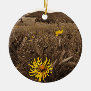 Sepia tone Yellow wildflowers Ceramic Tree Decoration