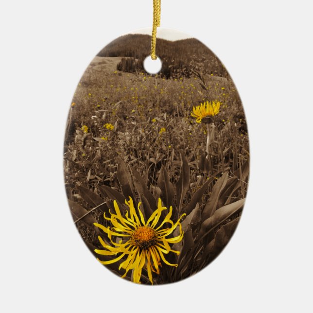 Sepia tone Yellow wildflowers Ceramic Tree Decoration (Front)