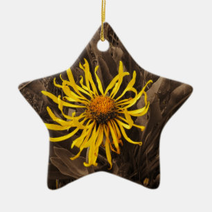 Sepia tone Yellow wildflowers Ceramic Tree Decoration