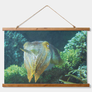 Sepia Up Close! Shimmering Squid at Coral Reef Hanging Tapestry
