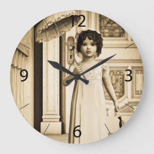 Sepia Vintage Girl Umbrella Art Large Clock
