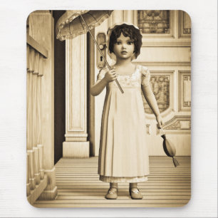 Sepia Vintage Girl Umbrella Art Mouse Mat