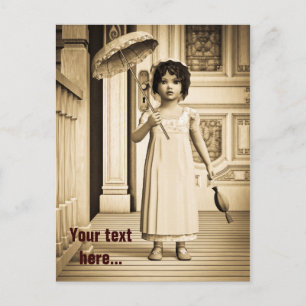Sepia Vintage Girl Umbrella Art Postcard