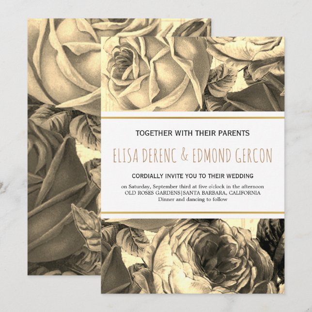 Sepia vintage roses floral wedding invitation (Front/Back)
