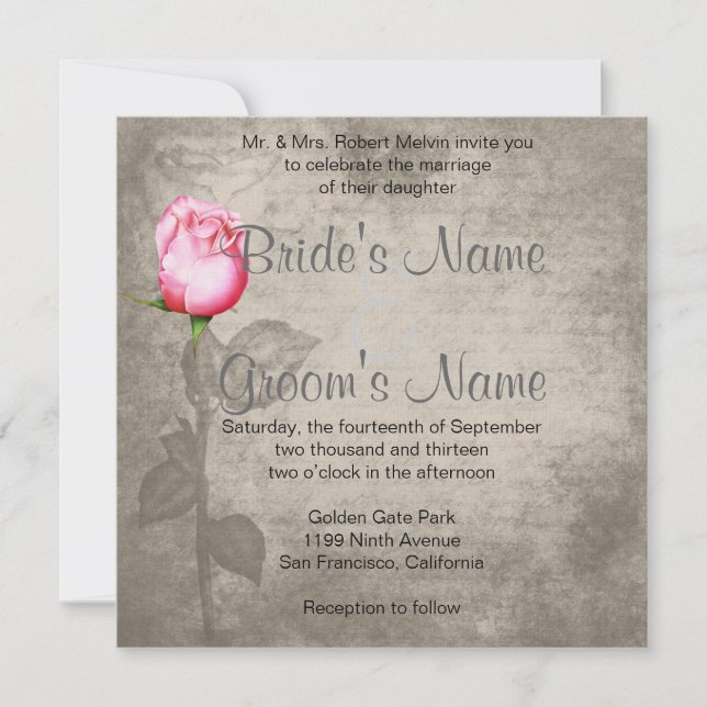 Sepia Vintage Spot Colour Pink Rose Wedding Invitation (Front)