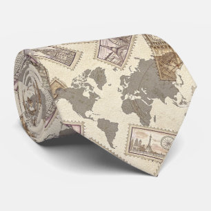 Sepia Vintage Travel Stamp with World Map Tie
