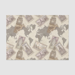 Sepia Vintage Travel Stamp with World Map Tissue Paper