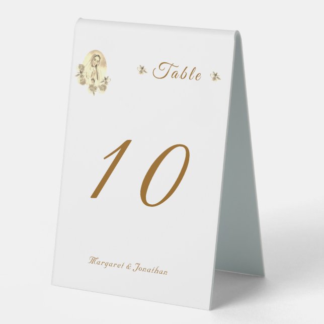 Sepia Virgin Mary Wedding Table Number (Front)