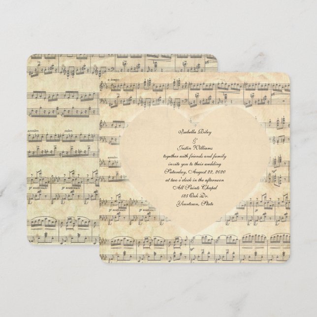 sepia wedding heart on music invitation (Front/Back)